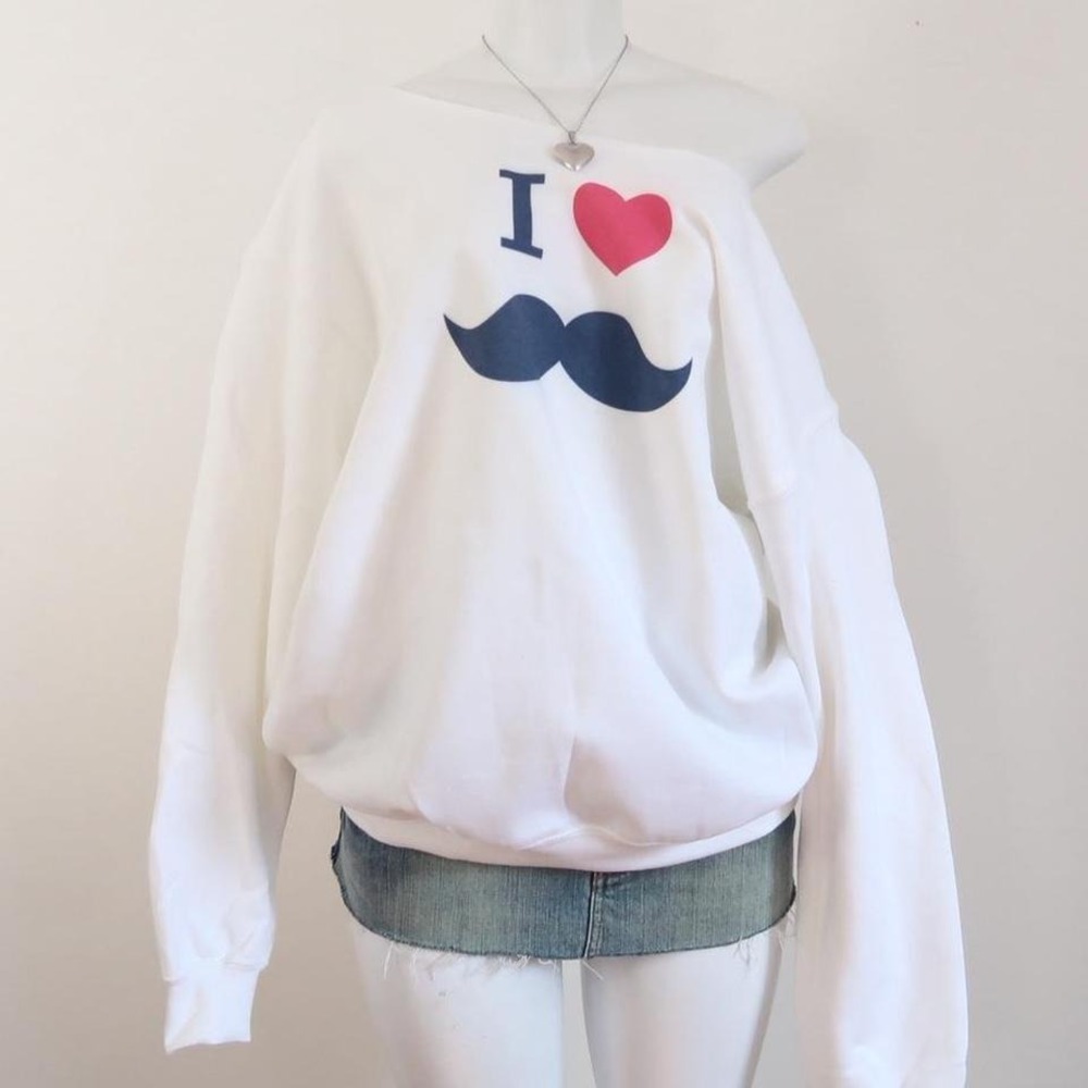 y2k i heart moustache graphic off shoulder sweatshirt 2010s